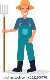 Farmers vector flat design isolated on white background. Cartoon characters of man farming hold hay fork. Happy farmer with tool illustration