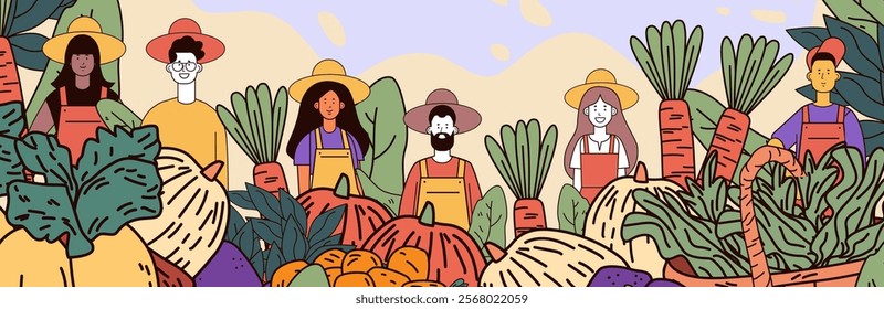 Farmers in vibrant hats and overalls stand among large vegetables in a colorful farm setting. Cartoon style with earthy tones