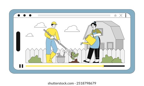 Farmers video blog. Man with shovel and woman with watering can water sprout. Gardening and horticulture. Hobby and leisure outdoors. Linear vector illustration isolated on white background