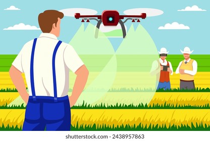 farmers watch the work of an agrodrone in the field and receive aesthetic pleasure