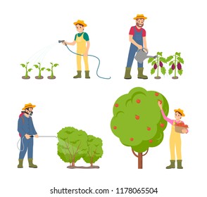 Farmers Watering Plants With Can And Hose Isolated Icons Vector. Fruit Tree With Ripe Apples, Man Spraying Bushes With Pesticides. Harvesting Season