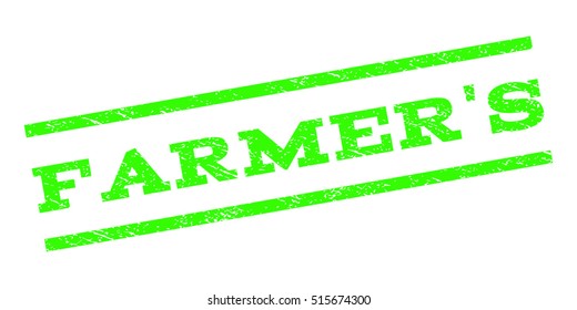 Farmer'S watermark stamp. Text caption between parallel lines with grunge design style. Rubber seal stamp with scratched texture. Vector light green color ink imprint on a white background.