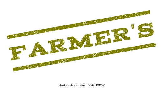 Farmer'S watermark stamp. Text caption between parallel lines with grunge design style. Rubber seal stamp with dirty texture. Vector olive color ink imprint on a white background.