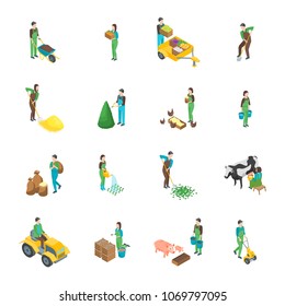 Los granjeros en el trabajo 3d Iconos establecen una visión isométrica de inclusión de agua, cultivo, excavación, recolección y plantación. Ilustración del vector