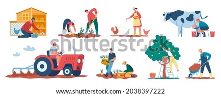 Farmers at work, agricultural workers harvesting crops, caring for animals. Farmer picking apples, collecting eggs, milking cow vector set. Characters gathering harvest and working on tractor