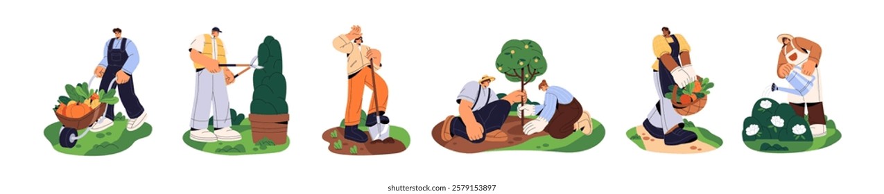 Farmers work, care about garden set. Happy people planting trees, watering flowers, gather harvest, dig soil with shovel. Characters landscaping. Flat isolated vector illustrations on white background