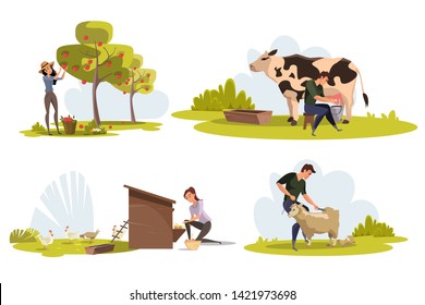 Farmers at work flat vector characters set. Female gardener harvesting apples. Male, female workers milking cow, feeding chickens. Young shearer cutting wool from lamb. Green agricultural production