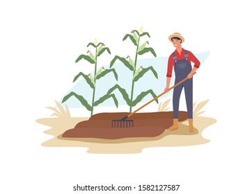 Farmers work in the garden with a rake. Vector illustration in a flat style