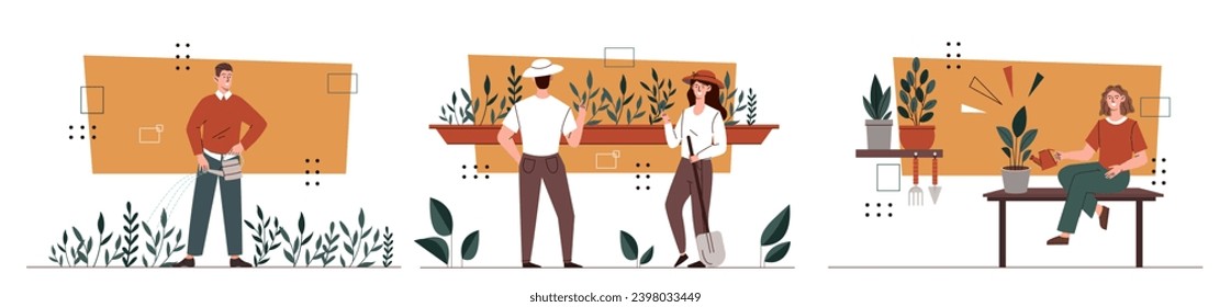 Farmers work garden set. Man and women with fplants in flowerpot. Care about plants. Floristry and botany. Comfort and coziness. Cartoon flat vector collection isolated on white background