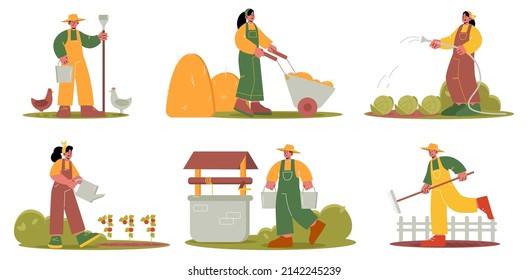 Farmers work on agriculture field and garden. Vector flat illustration of village people, rural workers watering vegetables, feed hen, with wheelbarrow, hay, buckets and rake