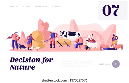 Farmers Work on Ranch with Cattle. People Feeding Domestic Animals, Milking Cow, Shearing Sheep, Prepare Hay for Livestock. Website Landing Page, Web Page. Cartoon Flat Vector Illustration, Banner