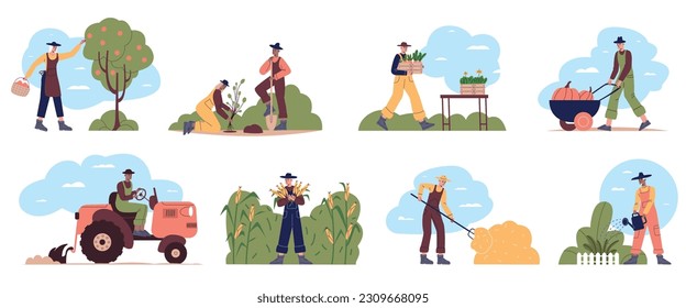 Farmers work. People in work clothes pick apples. Plants cultivation. Fruit trees in orchard. Man watering garden and plowing field. Tractor and harvest hay. Vector