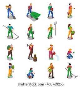 Farmers at work with scythe fork rake and shovel isometric figures icons collection abstract isolated vector illustration