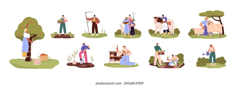 Farmers work set. Agriculture workers care about domestic animals: cow, sheep, rabbits. People gather garden crop, harvest of vegetables, fruit. Flat isolated vector illustrations on white background