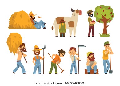 Farmers at work set, farm worker with gardening equipment vector Illustrations on a white background