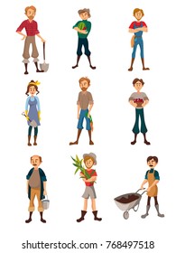 Farmers at work set, gardeners with different agricultural tools, farmer harvesting crop, agriculture farming concept cartoon vector Illustration