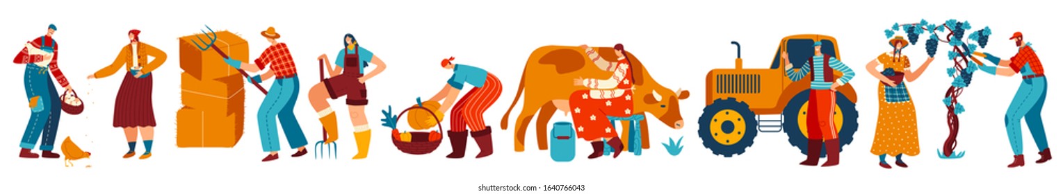 Farmers at work, set of isolated cartoon characters, vector illustration. People work on farm, woman milking cow, man stacking hay bales. Farmland workers smiling, simple and healthy life in village