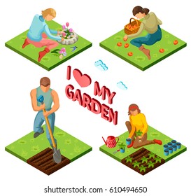 Farmers at work. Set isometric gardeners collection. isolated vector illustration.