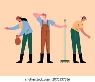grupo de trabajadores agrícolas de tres caracteres