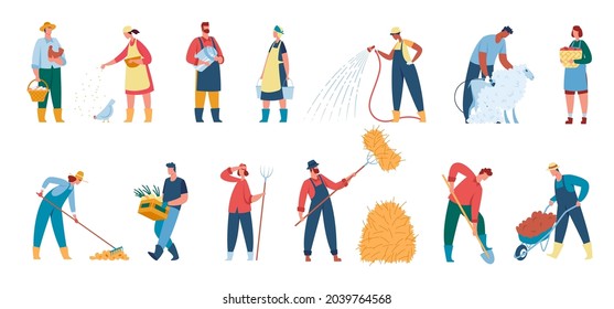 Farmers working at farm, agricultural workers and gardeners with tools. Farmer watering plants, harvesting crops, gardening vector set. Male and female characters with equipment for vegetables