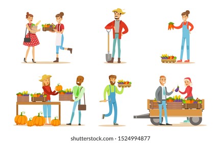 Farmers Working at Farm or Garden Set, Men and Women Harvesting Crops and Selling Organic Vegetables on Farm Market Vector Illustration