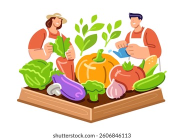 Farmers working in garden. Farm workers grow vegetables. Growing fresh healthy organic food. Flat design cartoon
