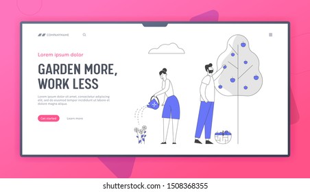 Farmers Working in Garden Website Landing Page. Gardeners Watering Flowers and Pick Apple Harvest to Basket, Harvesting Ripe Fruits from Tree Web Page Banner. Flat Vector Illustration, Line Art