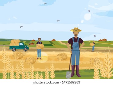 Farmers working hay fields vector flat style