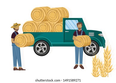 Farmers working hay harvesting vector flat style