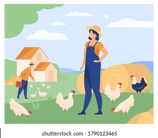 Farmers working on chicken farm isolated flat vector illustration. Cartoon woman and man breeding poultry. Agriculture and domestic birds production concept