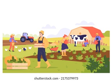 Farmers working on farm field flat vector illustration. People or workers reaping harvest, picking organic vegetables, milking cow, feeding chickens. Countryside, farmland, agriculture concept