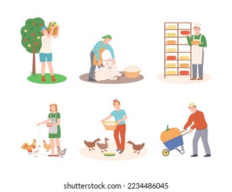 Farmers working on farm set. Agricultural workers picking apples, shearing sheep, producing cheese, feeding poultry, harvesting pumpkins cartoon vector illustration