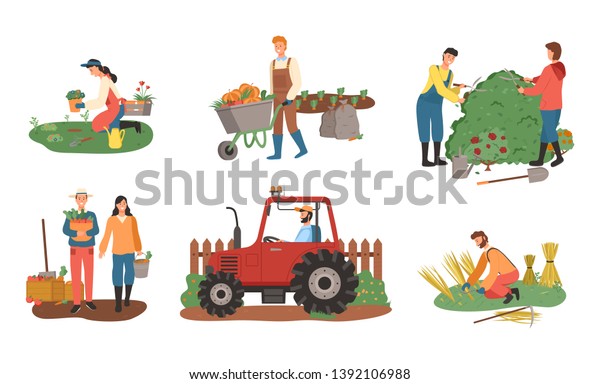 Farmers Working On Field Vector Man Stock Vector (Royalty Free) 1392106988