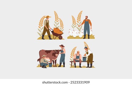 Farmers working with pumpkins, chickens, and a cow in the field.