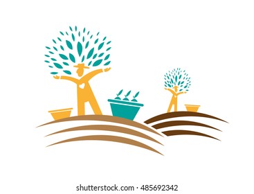 Farmers works on a field during harvest with a positive spirit. Editable Clip Art.