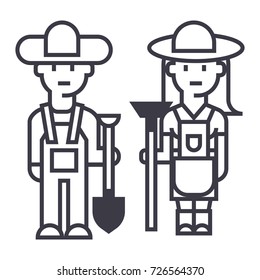 farmers,woman and man with tools vector line icon, sign, illustration on background, editable strokes