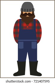 farmer/worker flat icon - a man with a mustache a beard wearing an  in a plaid shirt,overalls (jumpsuit),boots and knit hat. Template for card, poster, banner, web-design