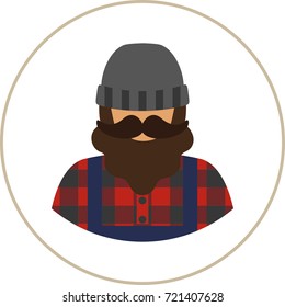 farmer/worker flat icon - a man with a mustache a beard wearing an  in a plaid shirt,overalls (jumpsuit),boots and knit hat. Template for card, poster, banner, web-design