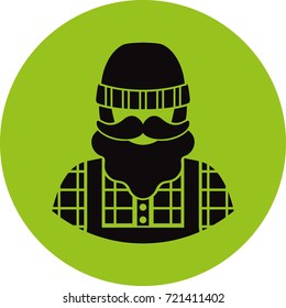 farmer/worker flat icon - a man with a mustache a beard wearing an  in a plaid shirt,overalls (jumpsuit),boots and knit hat. Template for card, poster, banner, web-design