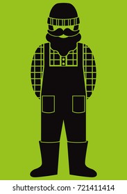 farmer/worker flat icon - a man with a mustache a beard wearing an  in a plaid shirt,overalls (jumpsuit),boots and knit hat. Template for card, poster, banner, web-design