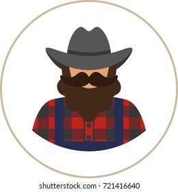 farmer/worker flat icon - a man with a mustache a beard wearing an  in a plaid shirt, denim/ jeans overalls (jumpsuit),boots and hat. Template for card, poster, banner, web-design
