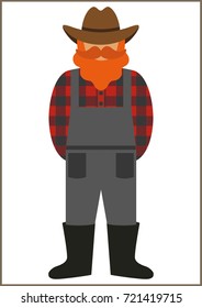 farmer/worker flat icon - a man with a mustache a beard wearing an  in a plaid shirt,overalls (jumpsuit),boots and hat. Template for card, poster, banner, web-design