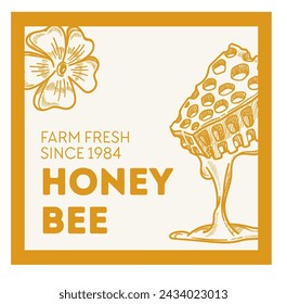 Diseño de insignia fresco de granja con abeja, adecuado para etiquetas de miel y marca.
