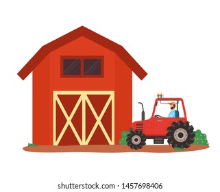 Farmhouse and agricultural machinery vector, tractor with farmer sitting inside, male riding automobile for field works and cultivation of soil, countryside. Flat cartoon