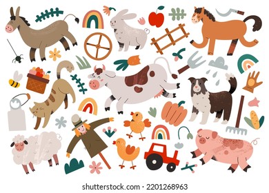 Recogida de animales de granja, animales de granja, caballo sonriente, ovejas lindas, cerdas divertidas y vacas bailarinas, adorables personajes de dibujos animados, artes de clips vectoriales dibujados a mano, ilustraciones vectoriales aisladas