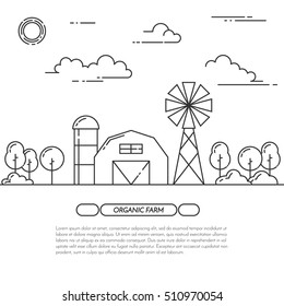 Farmhouse banner - farm landscape with outline elements of eco and organic products. Vector illustration in line art style.