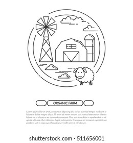 Farmhouse banner - farm landscape with outline elements of eco and organic products. Vector illustration in line art style.