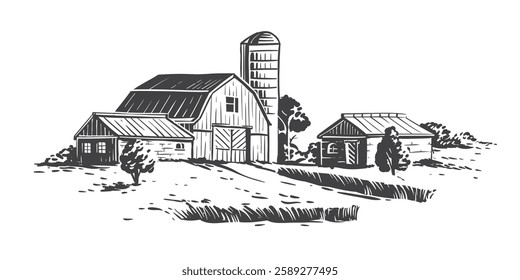 A farmhouse and a barn. A field of wheat. Vector hand-drawn illustration. The engraving style. The granary is next to the barn and houses. For packaging.