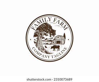Farmhouse barn logo with big tree badge vector ilustration 