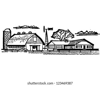 Farmhouse And Barn - Retro Clipart Illustration